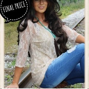 New L & B Khaki Tan Women's Lace Sheer Shirt Top Blouse XL or Large